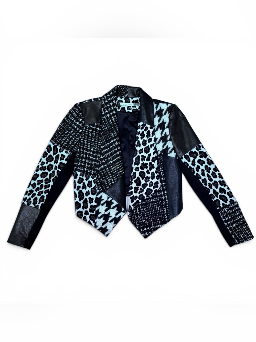 Alice + Olivia Black Leather Embellished Wool Animal Print Patchwork Blazer |S|